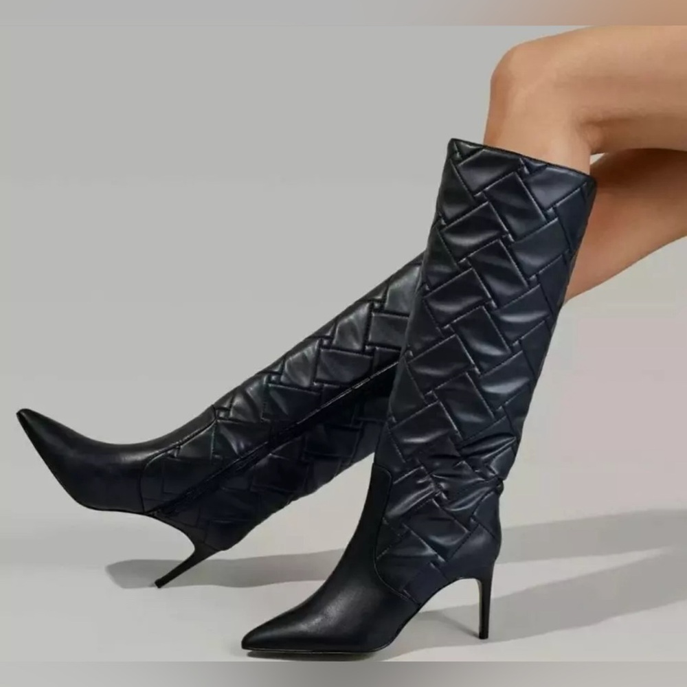 KURT GEIGER London Bickley Quilted Knee-High Pointed Boots Black 38.5 NEW